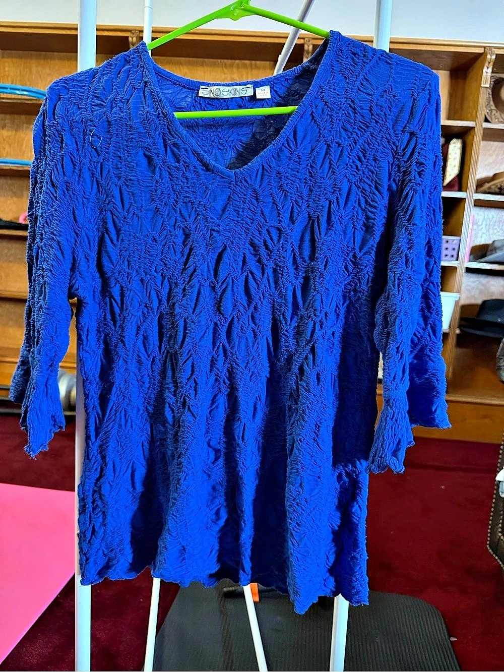 Sno Skins Women M Cobalt Blue Crinkle Puckered Blouse 3/4 Bell Sleeve Made USA